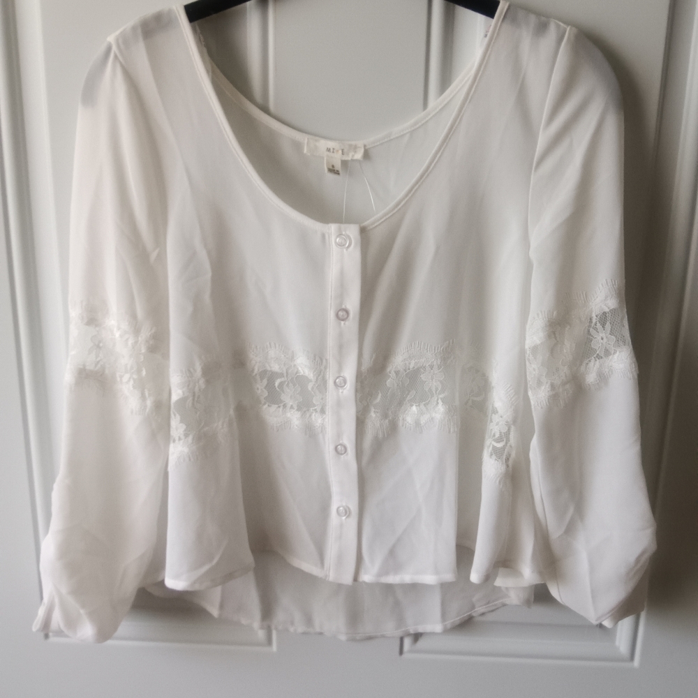 MINE white blouse lace button front  new size small